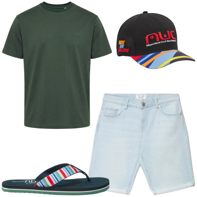 Outfit uomo - Total look #2417901. Stile Casual per Mare. Abbinamento con cappelli con visiera, shorts, t-shirt, sandali.
