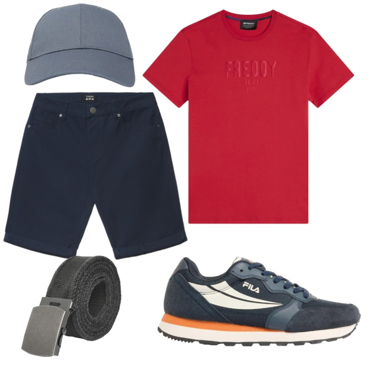 Outfit uomo - La tshirt rossa. Stile Casual per Tutti i giorni. Abbinamento con sneakers, cinture, cappelli con visiera, bermuda, t-shirt.