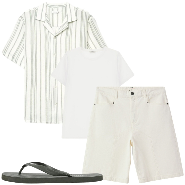 Outfit uomo - Total look #2417909. Stile Casual per Mare. Abbinamento con bermuda, camicie a manica corta, sandali, t-shirt.