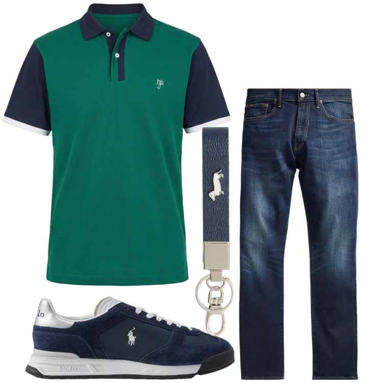 Outfit uomo - Total look #2417915. Stile Casual per Tutti i giorni. Abbinamento con polo, portachiavi, jeans, sneakers.