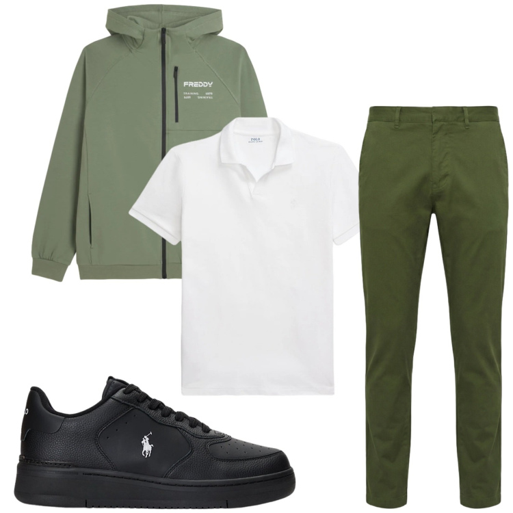 Outfit uomo - Total look #2417917. Stile Casual per Tutti i giorni. Abbinamento con pantaloni, felpe con cappuccio, sneakers, polo.