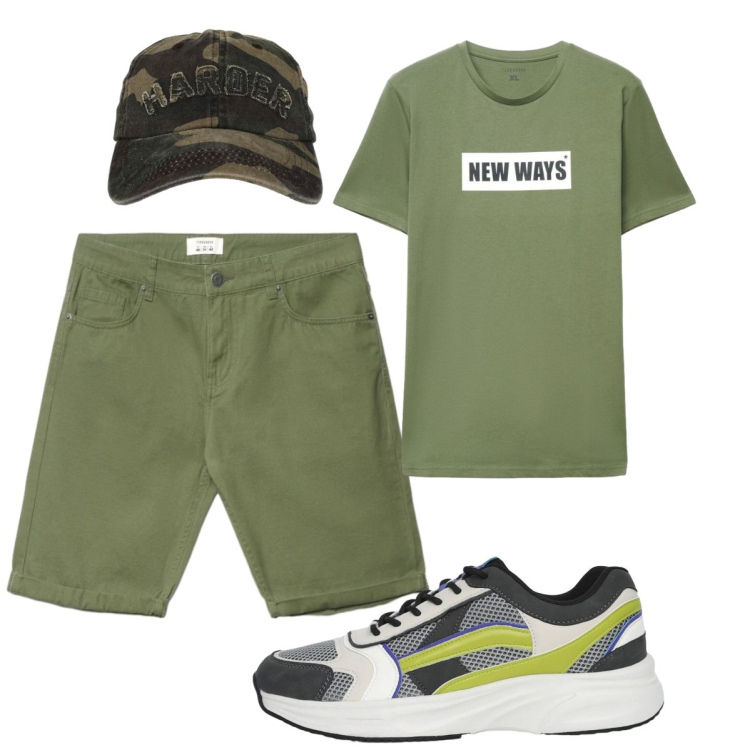 Outfit uomo - Total look #2417920. Stile Casual per Tutti i giorni. Abbinamento con sneakers, t-shirt, cappelli con visiera, bermuda.