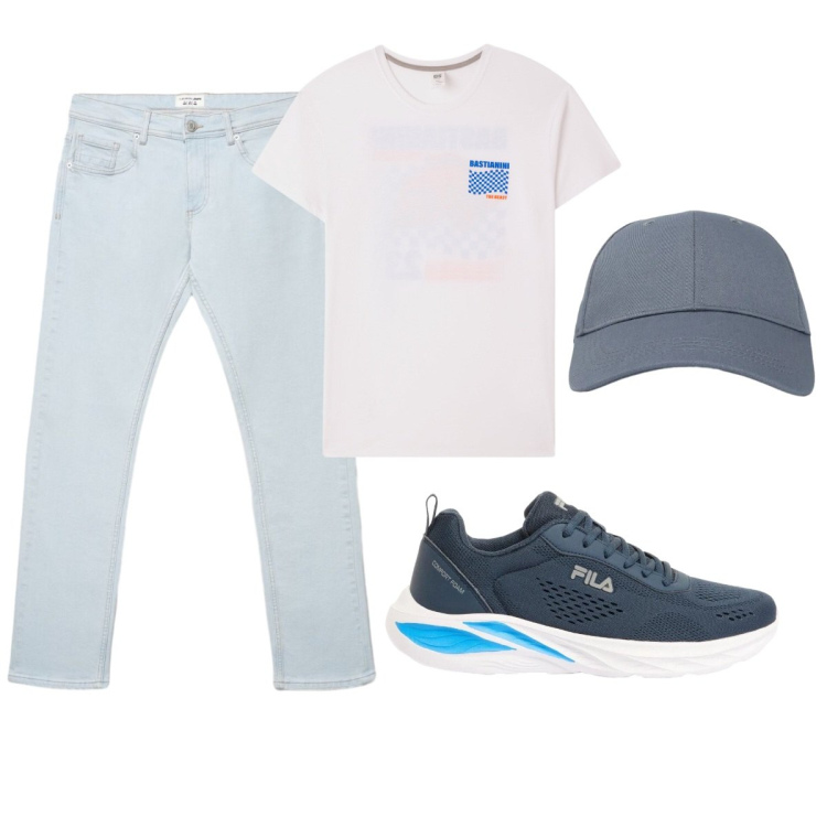 Outfit uomo - Total look #2417923. Stile Casual per Tutti i giorni. Abbinamento con sneakers, t-shirt, cappelli con visiera, jeans.