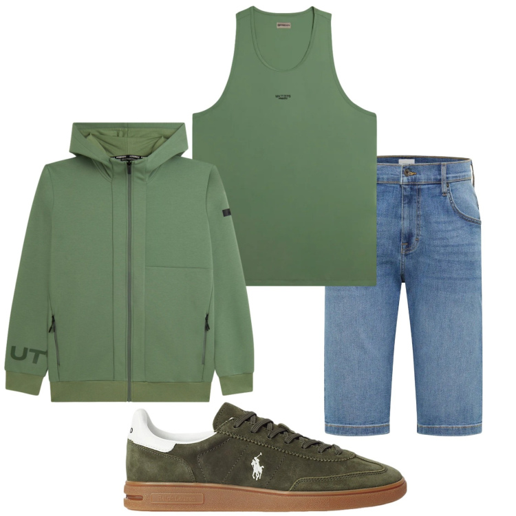 Outfit uomo - Total look #2417924. Stile Casual per Tutti i giorni. Abbinamento con bermuda, felpe con cappuccio, canottiere, sneakers.
