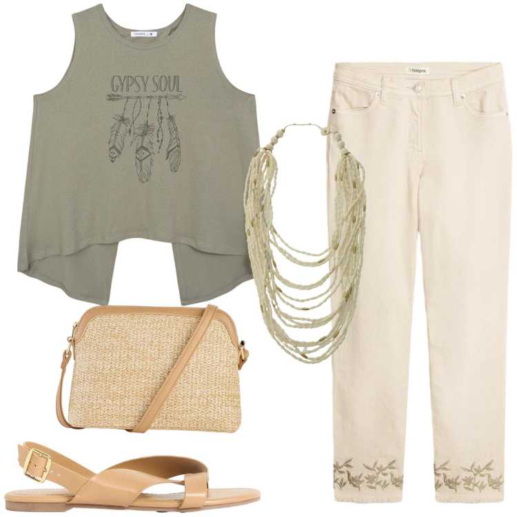 Outfit donna - Curvy. Stile Casual per Tutti i giorni. Abbinamento con pantaloni, sandali, borse a tracolla, canottiere, collane.