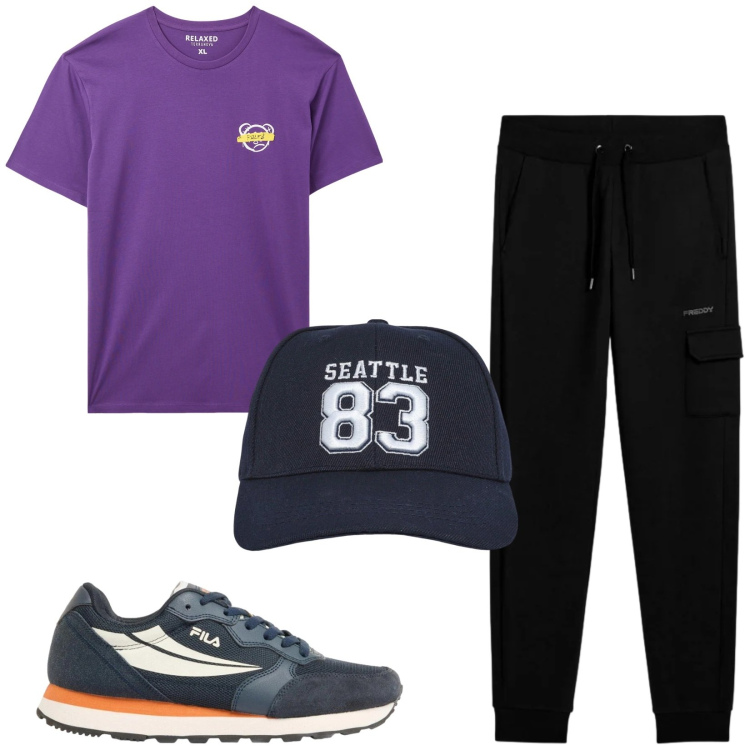 Outfit uomo - Total look #2417928. Stile Casual per Sport. Abbinamento con sneakers, cappelli, t-shirt, pantaloni cargo.