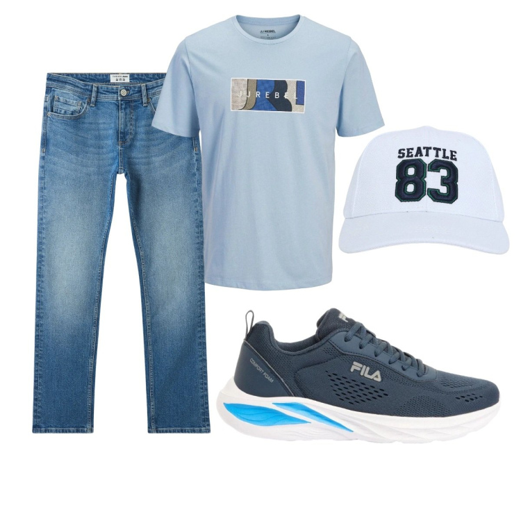 Outfit uomo - Total look #2417929. Stile Casual per Tutti i giorni. Abbinamento con sneakers, t-shirt, jeans, cappelli.