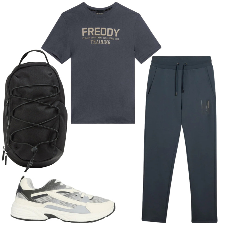 Outfit uomo - Total look #2417931. Stile Casual per Sport. Abbinamento con sneakers, borse sportive, t-shirt, pantaloni.