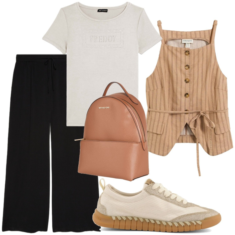 Outfit donna - Il gilet a righe. Stile Casual per Tutti i giorni. Abbinamento con zaini, canottiere, t-shirt, pantaloni, sneakers.