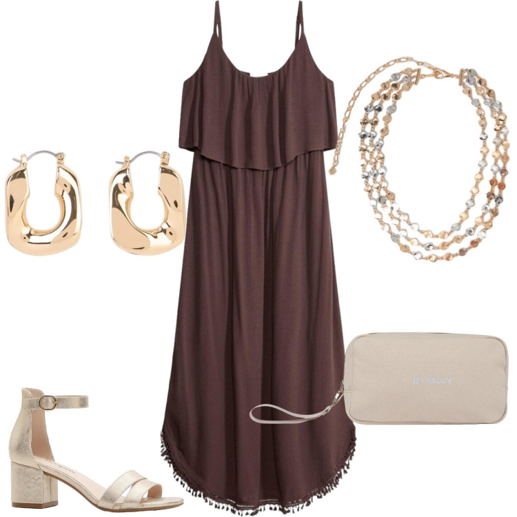 Outfit donna - Total look #2417936. Stile Glamour per Serata fuori. Abbinamento con orecchini, sandali col tacco, vestiti lunghi, valigie, collane.