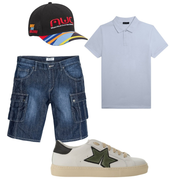 Outfit uomo - Total look #2417939. Stile Casual per Tutti i giorni. Abbinamento con bermuda, cappelli con visiera, sneakers, polo.