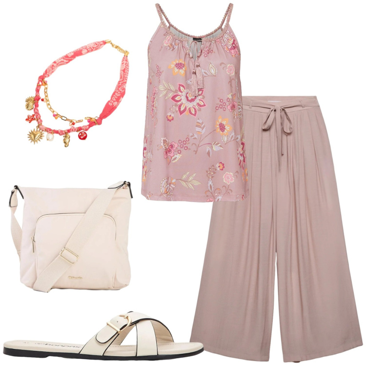 Outfit donna - Total look #2417940. Stile Casual per Tutti i giorni. Abbinamento con top, ciabatte, borse a tracolla, pantaloni, collane.
