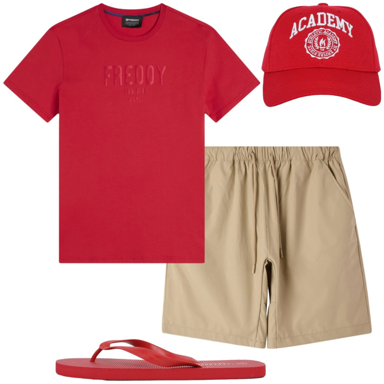 Outfit uomo - Total look #2417944. Stile Trendy per Mare. Abbinamento con cappelli, shorts, sandali, t-shirt.
