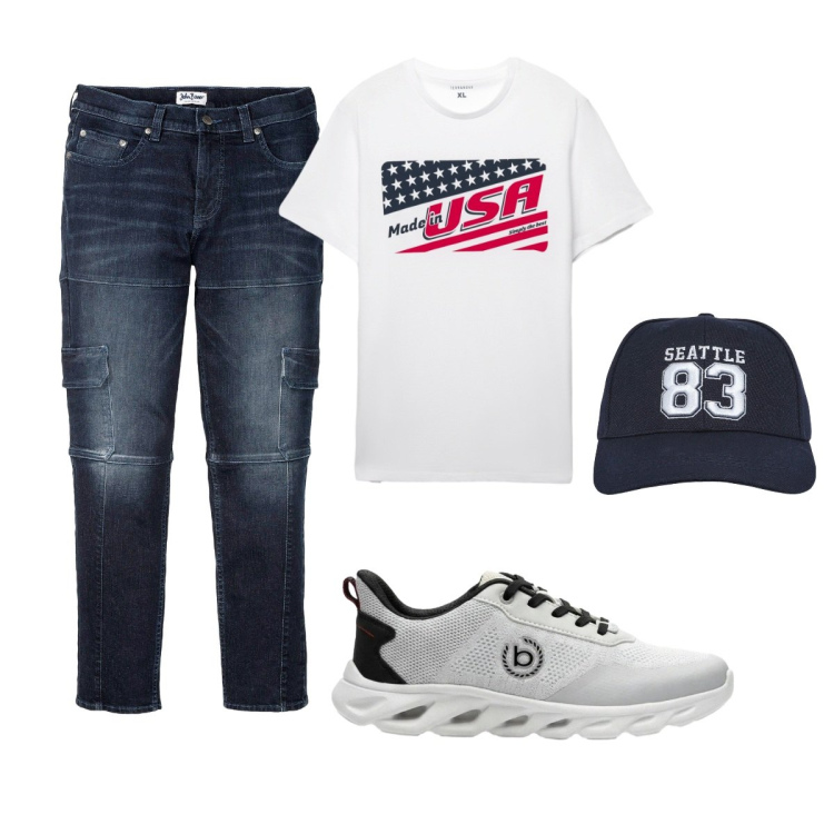 Outfit uomo - Total look #2417945. Stile Casual per Tutti i giorni. Abbinamento con jeans slim fit, sneakers, cappelli, t-shirt.