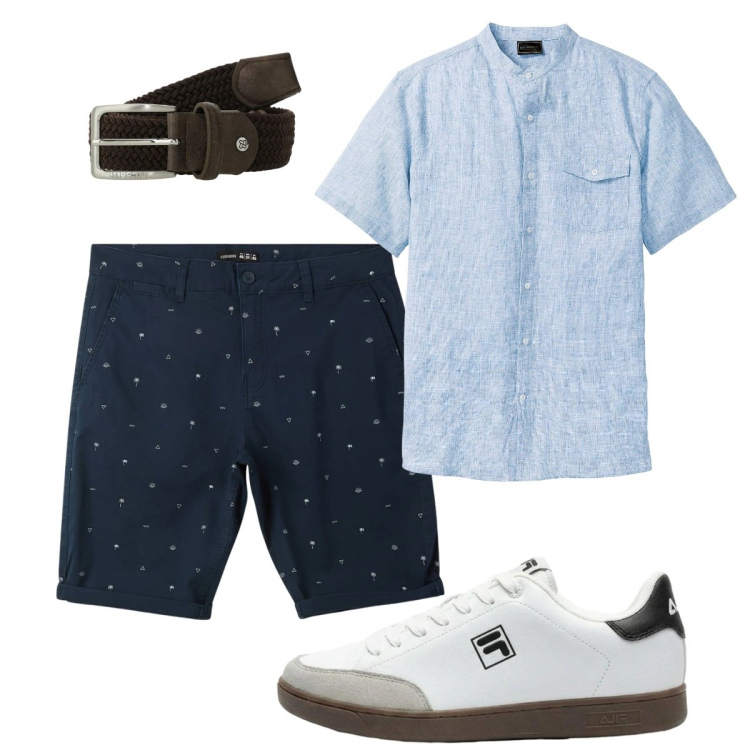 Outfit uomo - La camicia in lino per l\'estate. Stile Trendy per Tutti i giorni. Abbinamento con camicie a manica corta, sneakers, pantaloni corti, cinture.