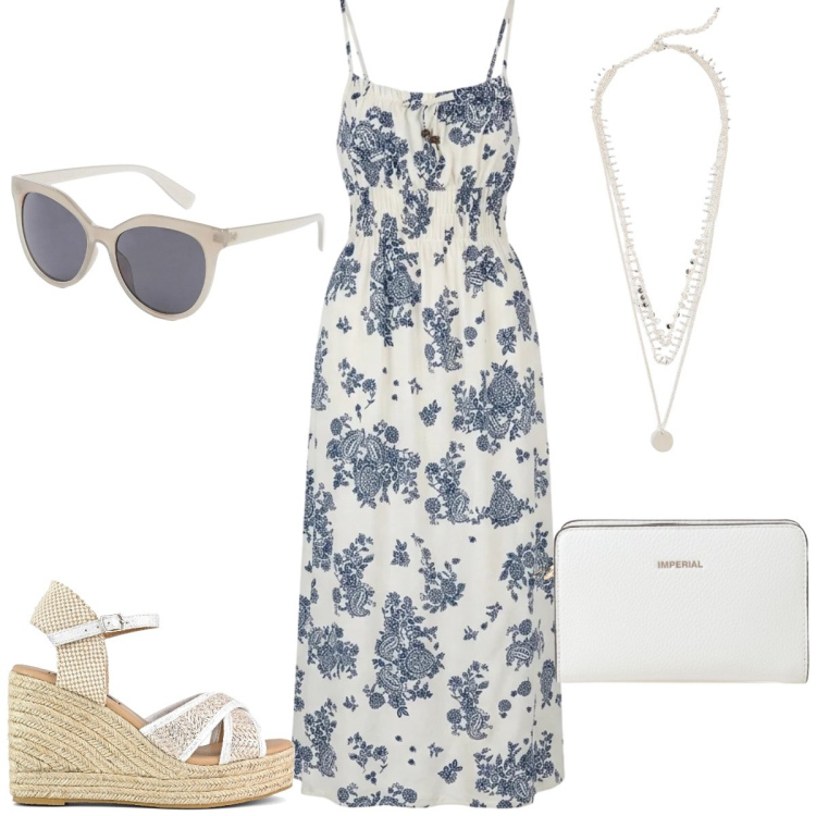 Outfit donna - Total look #2417955. Stile Romantica per Tutti i giorni. Abbinamento con occhiali da sole, collane, vestiti lunghi, borse a tracolla, zeppe.