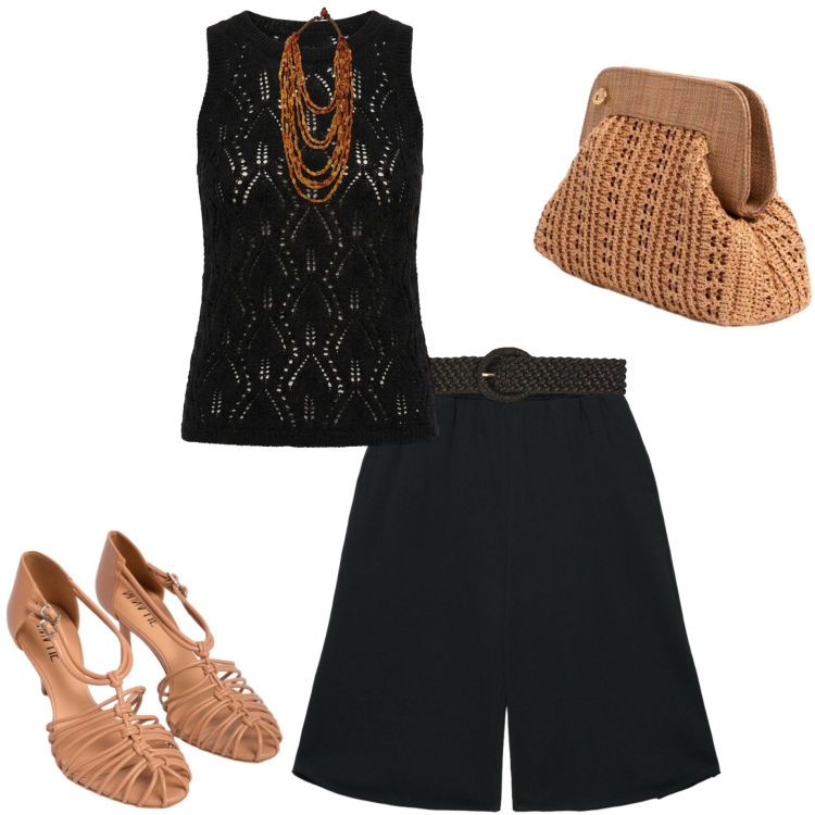 Outfit donna - Glamour in bermuda. Stile Glamour per Serata fuori. Abbinamento con cinture, pantaloni corti, collane, top, sandali in pelle, clutch.