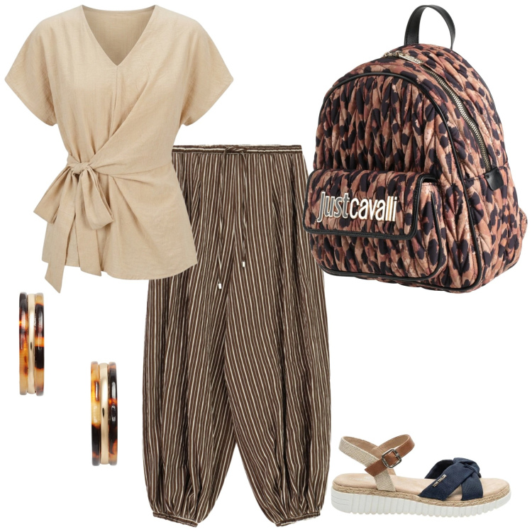 Outfit donna - Colori della terra. Stile Glamour per Tutti i giorni. Abbinamento con zaini, sandali, pantaloni a palazzo, t-shirt, orecchini.