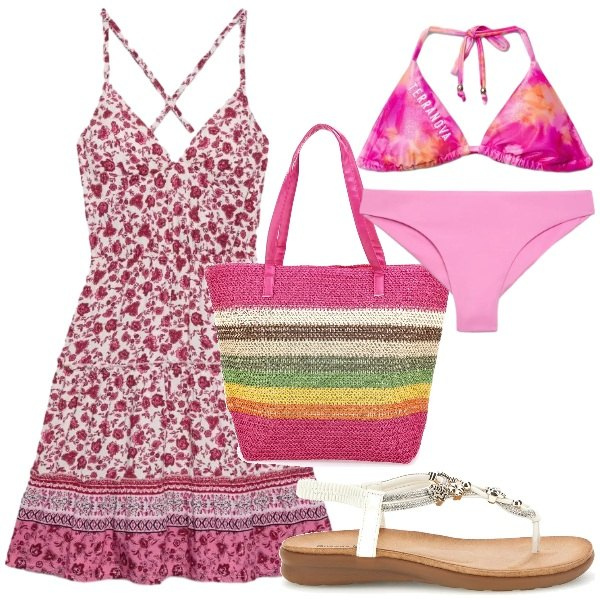 Outfit donna - Look mare. Stile Glamour per Mare. Abbinamento con bikini, vestiti corti, bikini, shopping bag, ciabatte.