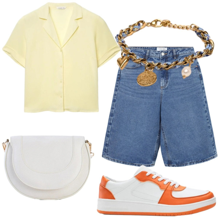 Outfit donna - Bermuda di jeans. Stile Sporty chic per Tutti i giorni. Abbinamento con borse a tracolla, sneakers, bermuda, camicie a manica corta, braccialetti.