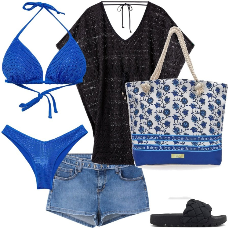 Outfit donna - Un estate al mare. Stile Casual chic per Mare. Abbinamento con vestiti da spiaggia, bikini, shorts, bikini, ciabatte, shopping bag.