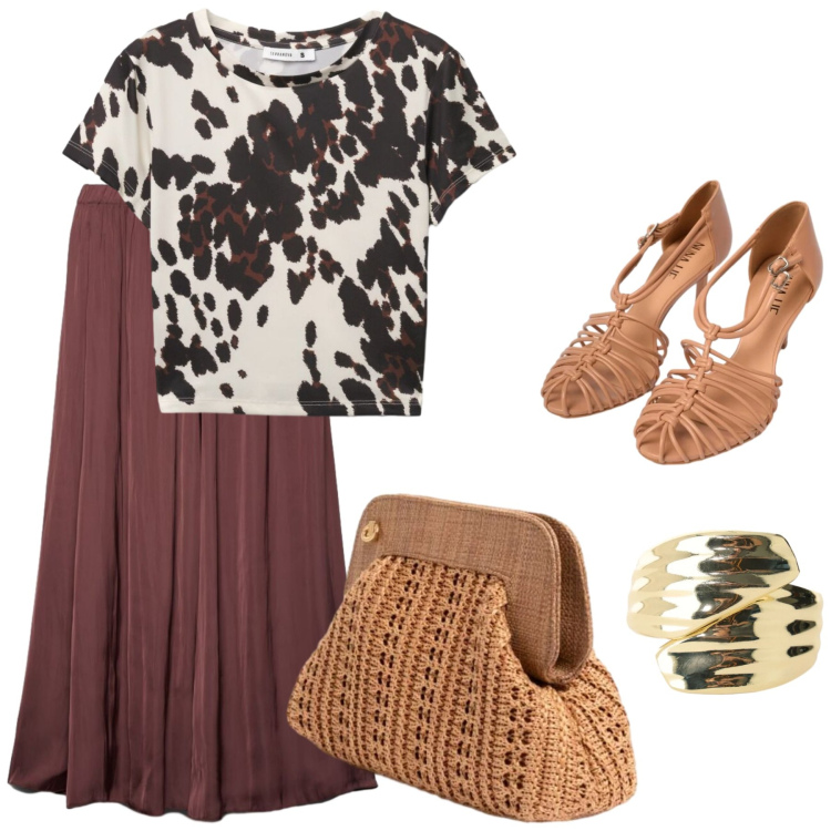 Outfit donna - Natural time. Stile Casual chic per Tutti i giorni. Abbinamento con gonne longuette, t-shirt, anelli, sandali in pelle, clutch.