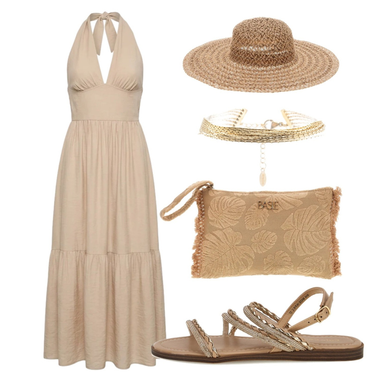 Outfit donna - Silhouette rilassata. Stile Chic per Mare. Abbinamento con vestiti lunghi, braccialetti, cappelli, pochette, sandali.