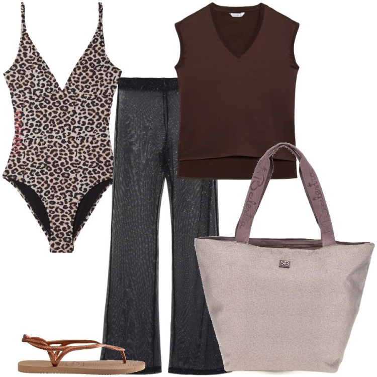 Outfit donna - Summer outfit. Stile Casual chic per Mare. Abbinamento con vestiti da spiaggia, top, costumi interi, shopping bag, infradito.