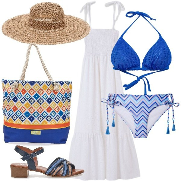 Outfit donna - Total look #2417983. Stile Casual chic per Mare. Abbinamento con bikini, bikini, vestiti lunghi, shopping bag, sandali col tacco, cappelli.