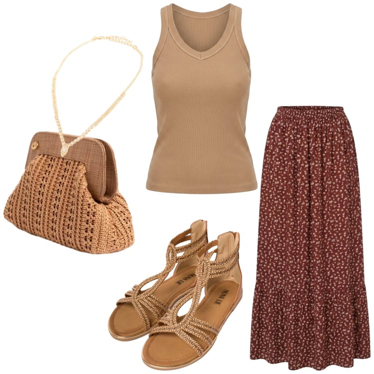 Outfit donna - Total look #2417991. Stile Etnico per Tutti i giorni. Abbinamento con gonne lunghe, canottiere, clutch, sandali in pelle, collane.