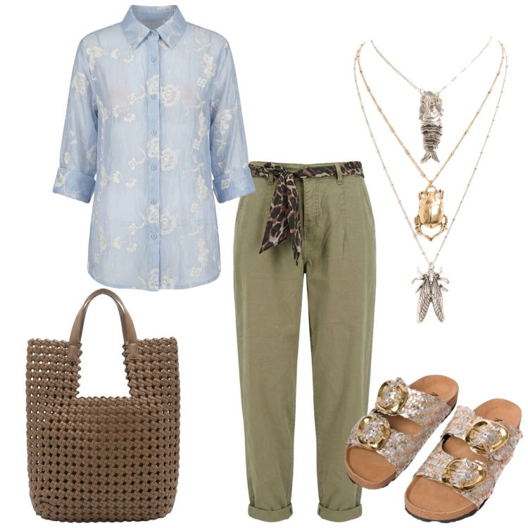 Outfit donna - Total look #2417992. Stile Glamour per Ufficio. Abbinamento con borse tote, ciondoli, pantaloni, camicie, ciabatte.