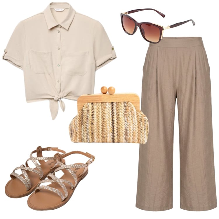 Outfit donna - Stile Coloniale. Stile Casual chic per Tutti i giorni. Abbinamento con occhiali da sole, camicie a manica corta, sandali in pelle, pantaloni a palazzo, clutch.