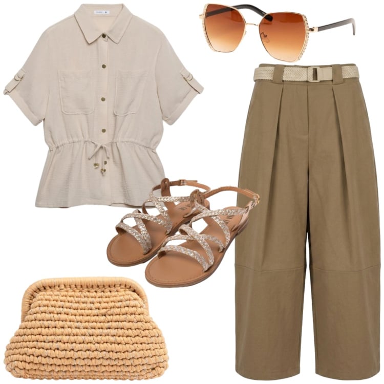Outfit donna - Safari style. Stile Trendy per Tutti i giorni. Abbinamento con camicie a manica corta, sandali in pelle, clutch, occhiali da sole, pantaloni.