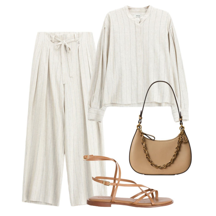Outfit donna - Lino écru chic in città. Stile Casual chic per Tutti i giorni. Abbinamento con sandali in pelle, camicie, pantaloni a palazzo, borse a spalla.