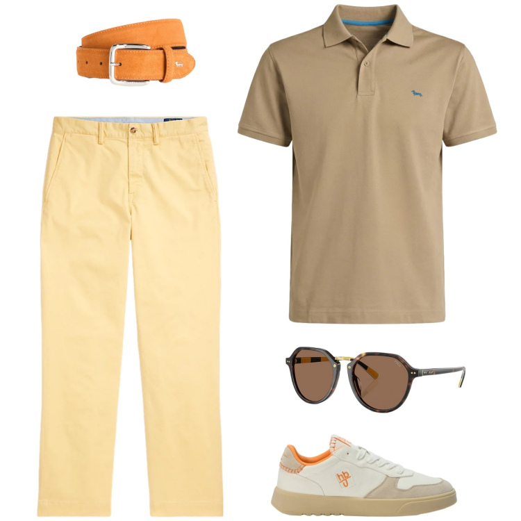 Outfit uomo - Cacao e vaniglia. Stile Casual per Tutti i giorni. Abbinamento con polo, cinture, sneakers, occhiali da sole, pantaloni.
