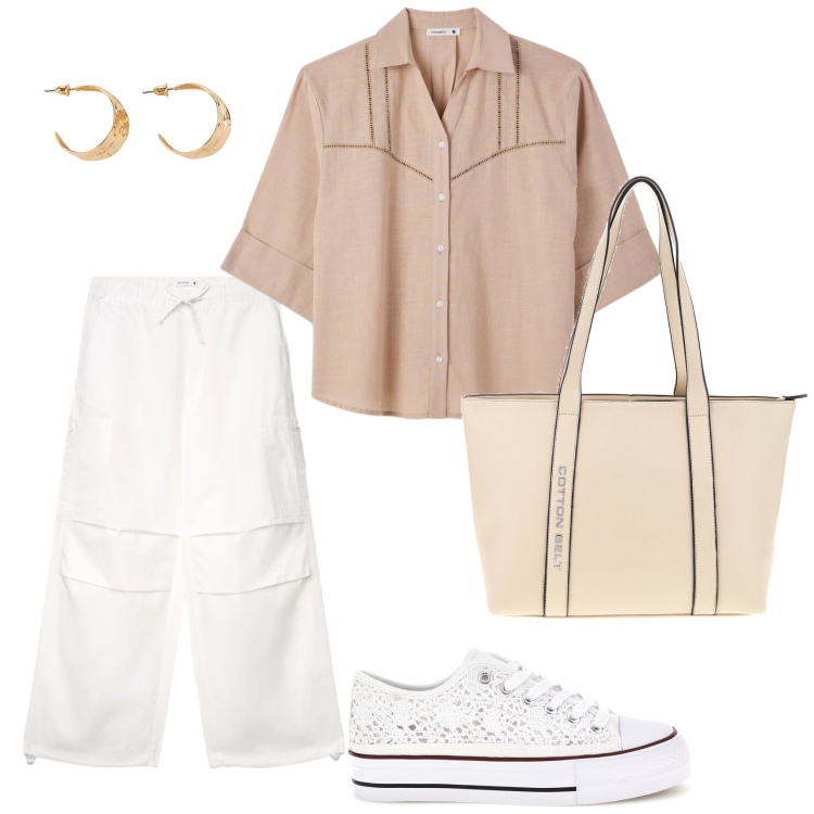 Outfit donna - Total look #2418013. Stile Casual chic per Ufficio. Abbinamento con orecchini, pantaloni cargo, camicie a manica corta, sneakers, shopping bag.