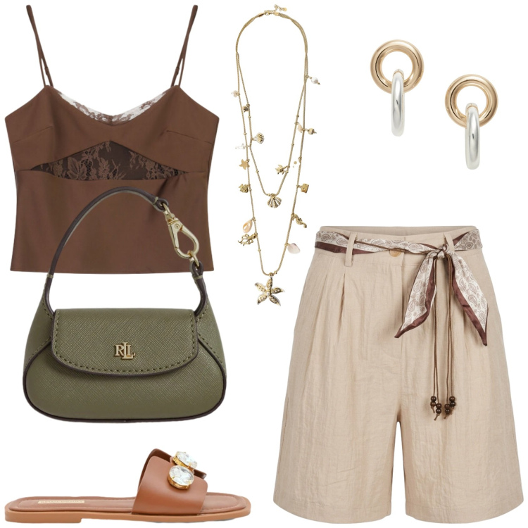 Outfit donna - Glamour in bermuda. Stile Glamour per Tutti i giorni. Abbinamento con sandali gioiello, canottiere, collane, bermuda, orecchini, borse a mano.