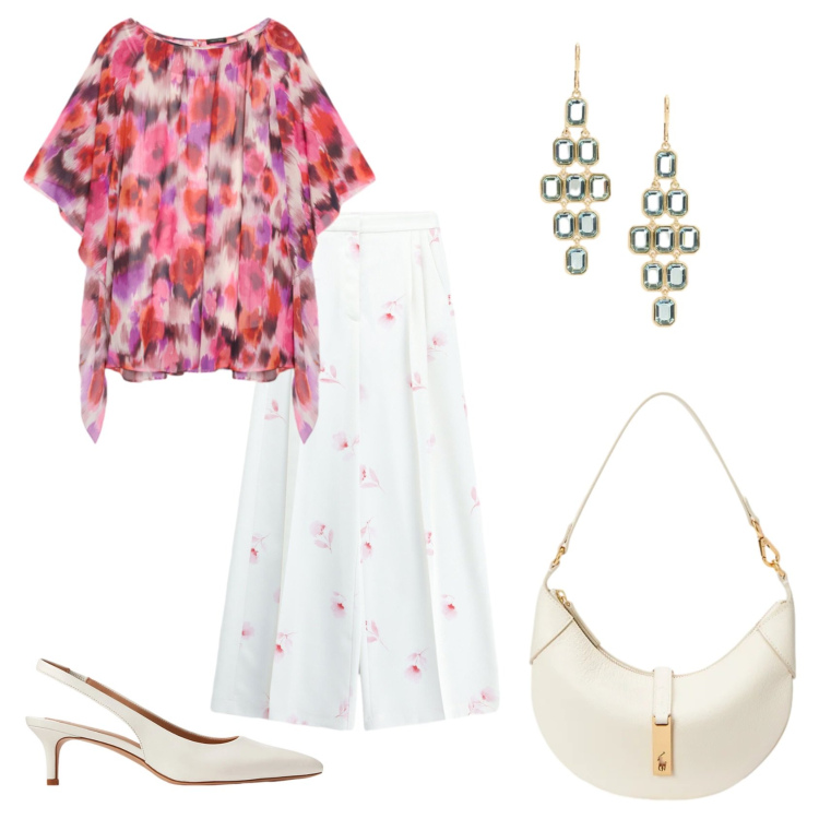 Outfit donna - Total look #2418016. Stile Casual chic per Ufficio. Abbinamento con pantaloni a palazzo, tuniche, décolleté, borse a spalla, orecchini.