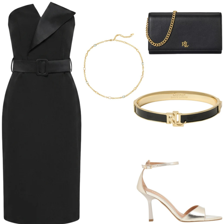 Outfit donna - Serata romantica. Stile Glamour per Tutti i giorni. Abbinamento con sandali in pelle, vestiti asimmetrici, borse a tracolla, braccialetti, collane.