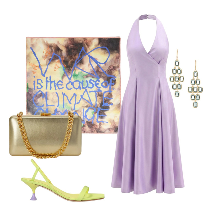 Outfit donna - Giugno. Stile Glamour per Cerimonia. Abbinamento con sciarpe, sandali in pelle, vestiti midi/longuette, clutch, orecchini.
