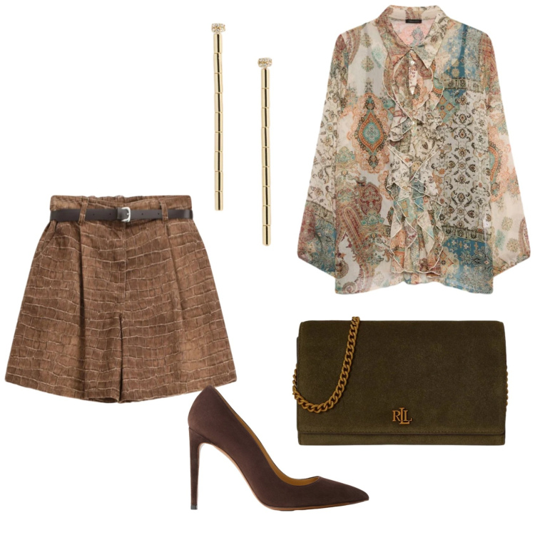 Outfit donna - Total look #2418024. Stile Glamour per Cerimonia. Abbinamento con bermuda, camicie, borse a tracolla, orecchini, décolleté.