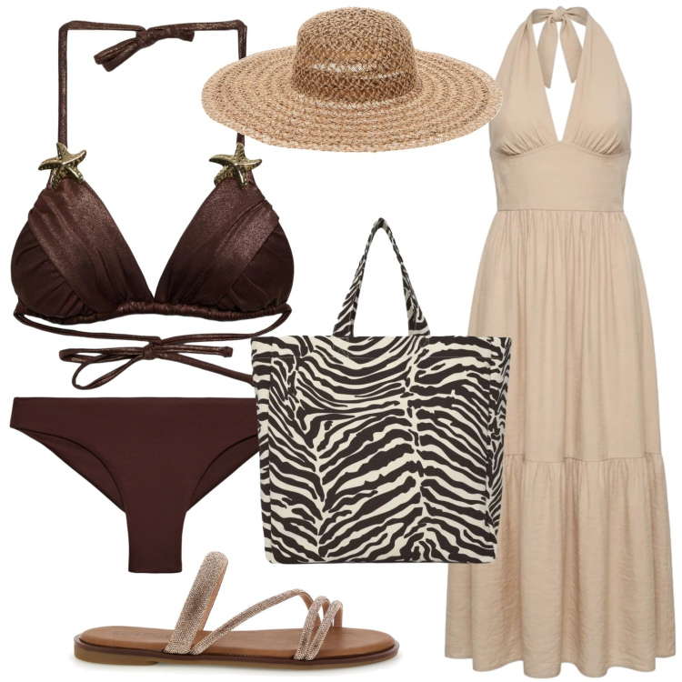 Outfit donna - Al mare. Stile Etnico per Mare. Abbinamento con bikini, bikini, vestiti lunghi, shopping bag, cappelli, ciabatte.