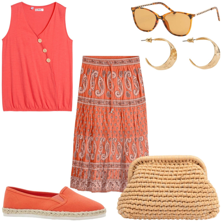 Outfit donna - La giornata in arancione. Stile Etnico per Tutti i giorni. Abbinamento con top, gonne lunghe, espadrillas, orecchini, clutch, occhiali da sole.