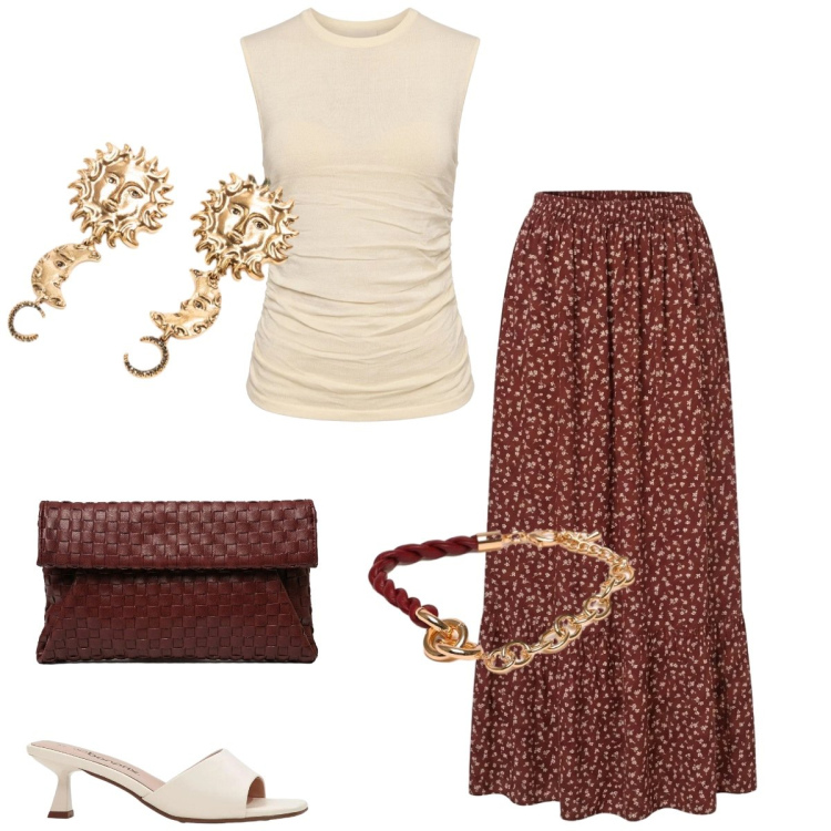 Outfit donna - Total look #2418030. Stile Casual chic per Tutti i giorni. Abbinamento con ciabatte, gonne lunghe, orecchini, canottiere, clutch, braccialetti.
