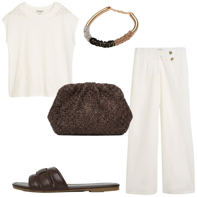 Outfit donna - Semplicità con i giusti accessori. Stile Casual chic per Serata fuori. Abbinamento con pantaloni, canottiere, ciabatte, collane, clutch.