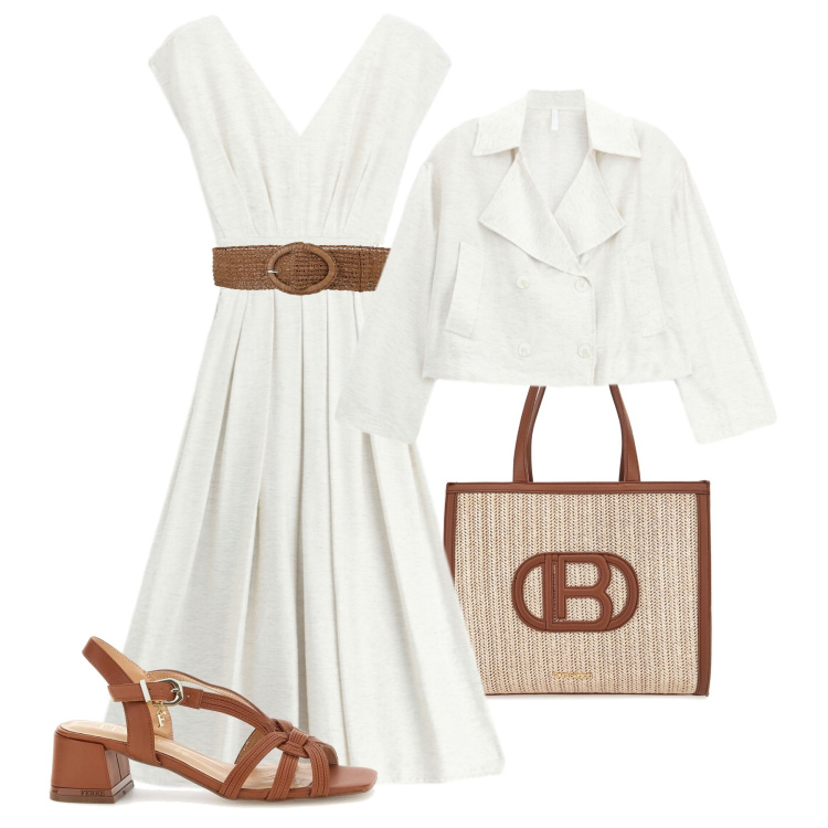 Outfit donna - Texture naturale city time. Stile Chic per Tutti i giorni. Abbinamento con cinture, blazer, vestiti midi/longuette, borse a spalla, sandali in pelle.