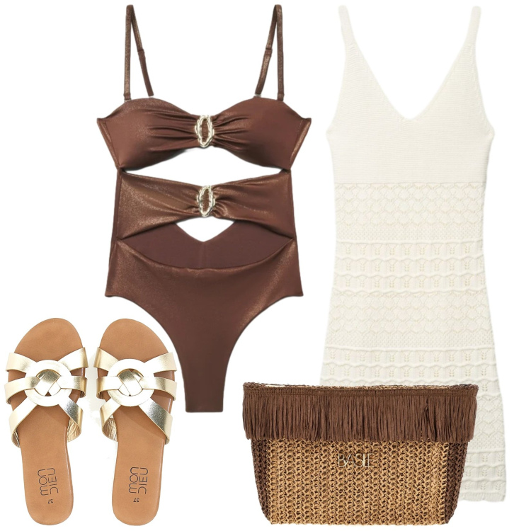 Outfit donna - Total look #2418033. Stile Etnico per Mare. Abbinamento con vestiti corti, costumi interi, ciabatte, pochette.