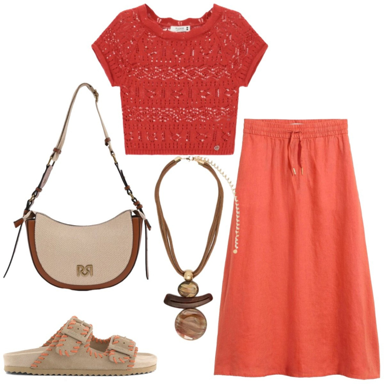 Outfit donna - Total look #2418034. Stile Casual chic per Tutti i giorni. Abbinamento con gonne lunghe, borse a tracolla, top, ciondoli, sandali in pelle.