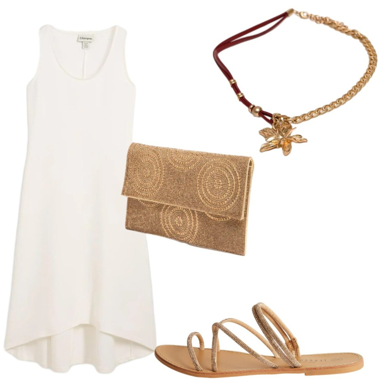 Outfit donna - Serate estive. Stile Chic per Serata fuori. Abbinamento con vestiti, sandali, clutch, collane.