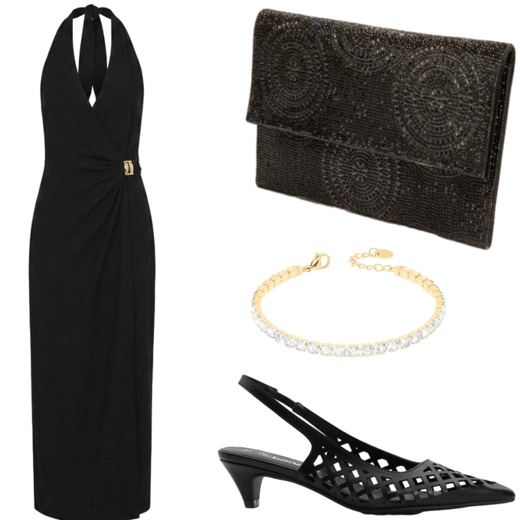 Outfit donna - Il tubino nero must have. Stile Glamour per Serata fuori. Abbinamento con décolleté, vestiti lunghi, clutch, braccialetti.